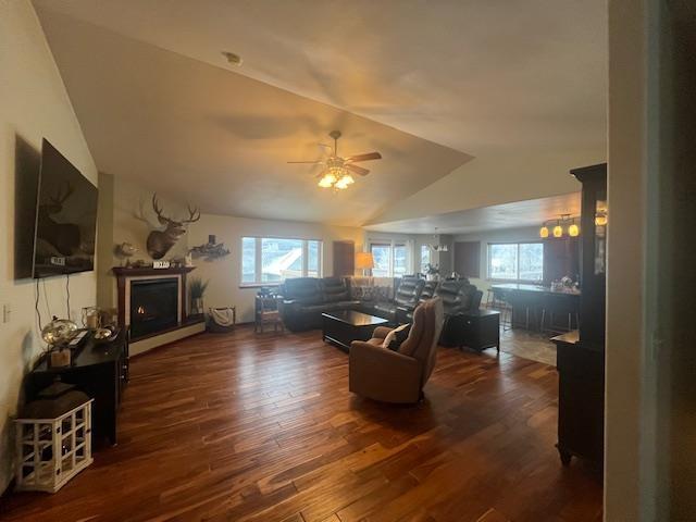 living room with vaulted ceiling, dark hardwood / wood-style floors, and ceiling fan