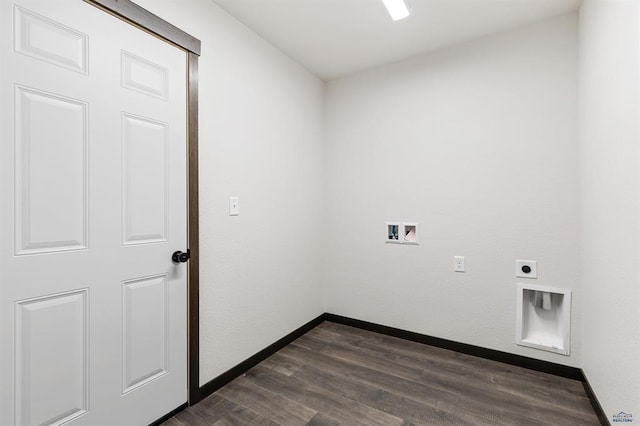 laundry room with electric dryer hookup, dark wood-type flooring, and washer hookup