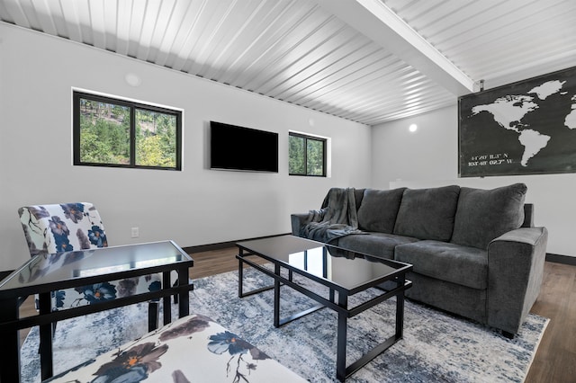 living room featuring dark hardwood / wood-style flooring, beam ceiling, and a wealth of natural light