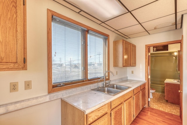 kitchen featuring sink, a drop ceiling, and light wood-type flooring