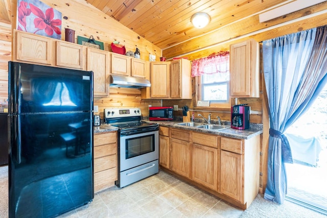 kitchen featuring lofted ceiling, sink, stainless steel range with electric stovetop, wooden ceiling, and black refrigerator