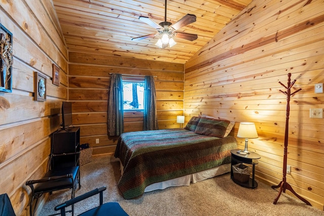 bedroom featuring wood ceiling, vaulted ceiling, wood walls, and carpet