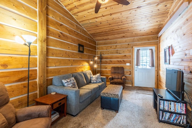 living room featuring ceiling fan, carpet, a fireplace, vaulted ceiling, and wooden ceiling