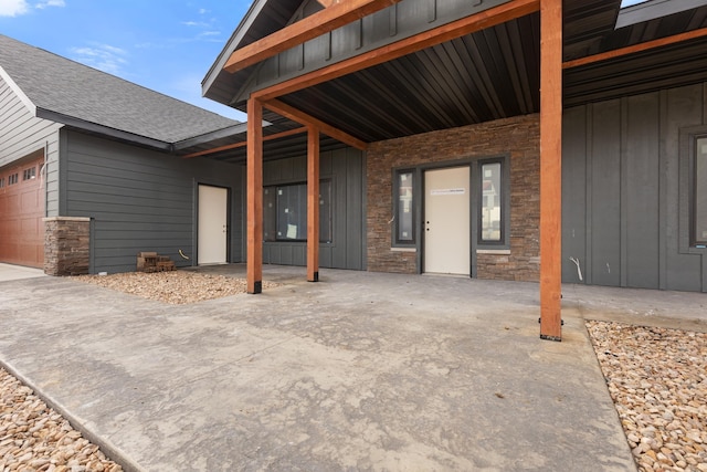 view of patio with a garage