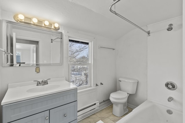 full bathroom with vanity, a baseboard heating unit, toilet, and  shower combination