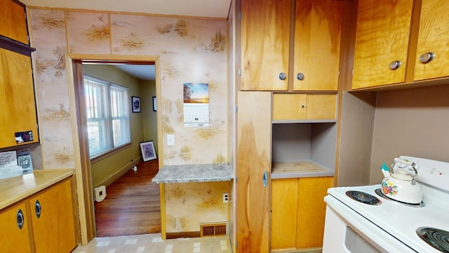 133 Pine Ave, Hill City, SD 57745 - kitchen with white range with electric stovetop, light countertops, baseboards, light wood-style floors, and brown cabinetry