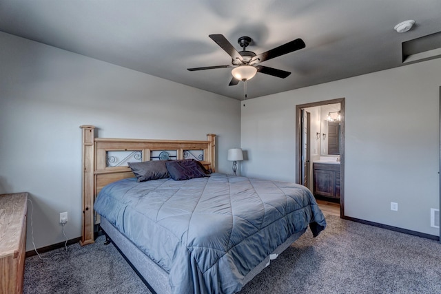 carpeted bedroom with connected bathroom and ceiling fan