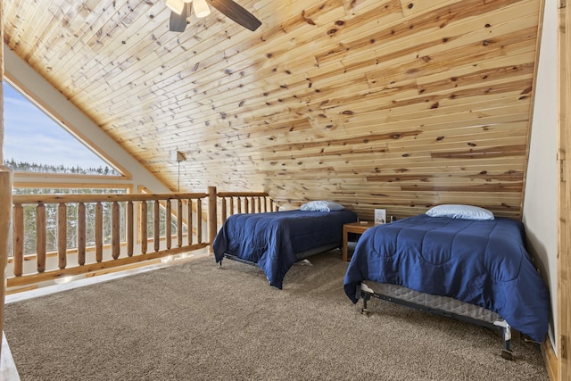 carpeted bedroom featuring wood walls and wood ceiling