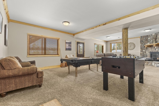 game room featuring carpet flooring, crown molding, and baseboards