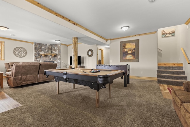 game room featuring ornamental molding, billiards, and carpet flooring