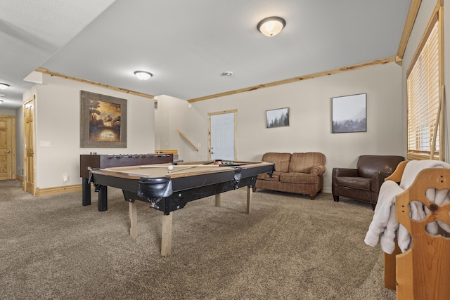 recreation room featuring carpet and baseboards