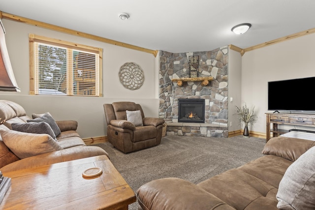 living room with crown molding, a stone fireplace, and carpet flooring