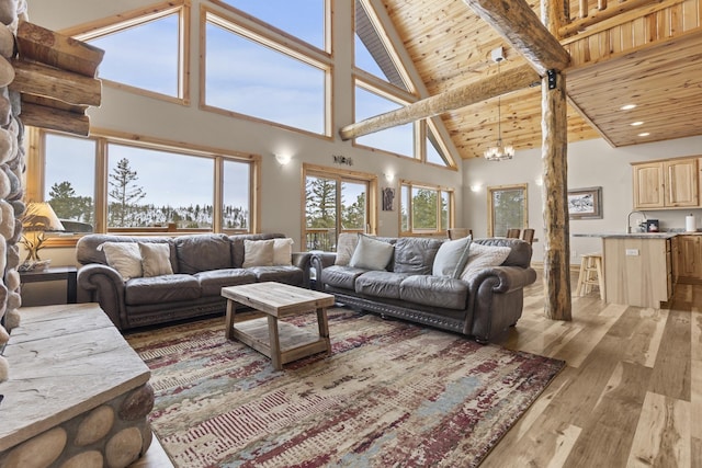 living room featuring an inviting chandelier, wood ceiling, plenty of natural light, and light wood-type flooring