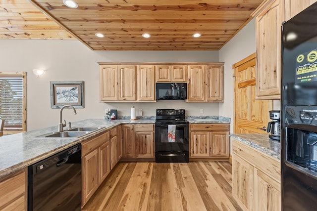 kitchen featuring black appliances, sink, light hardwood / wood-style floors, wood ceiling, and light brown cabinets