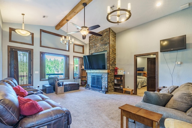 carpeted living room with ceiling fan with notable chandelier, a stone fireplace, high vaulted ceiling, and beam ceiling