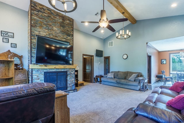 living room with ceiling fan with notable chandelier, high vaulted ceiling, a fireplace, carpet, and beam ceiling