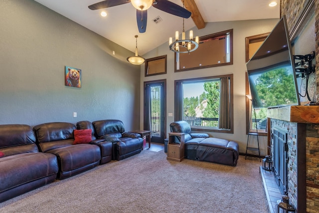 living room featuring ceiling fan with notable chandelier, high vaulted ceiling, a fireplace, light colored carpet, and beam ceiling