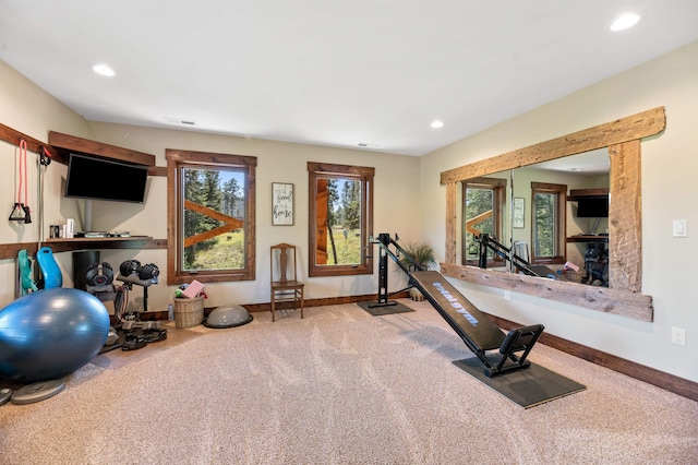 workout room featuring plenty of natural light and carpet floors