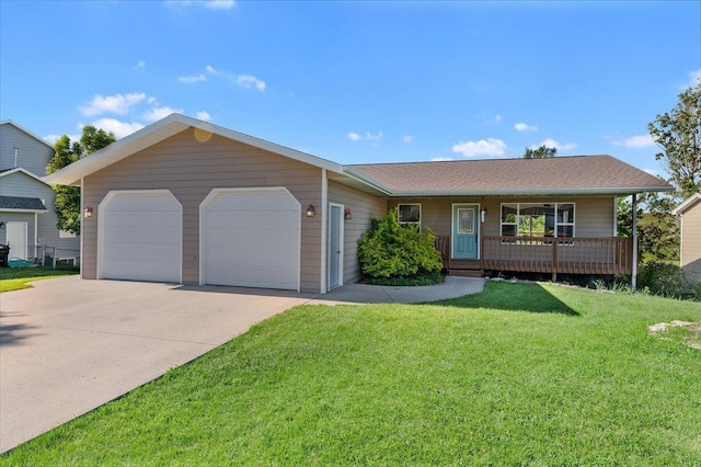 single story home with a garage, covered porch, and a front lawn