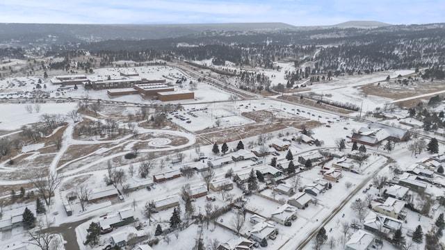 snowy aerial view with a mountain view