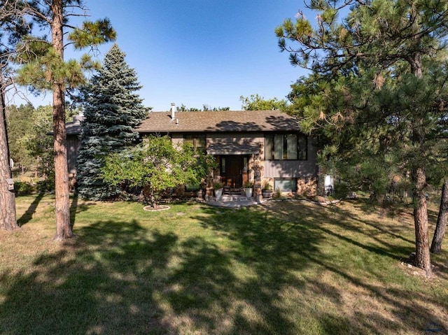 back of house with a patio and a lawn