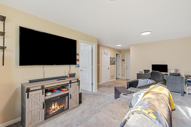 living room featuring light carpet