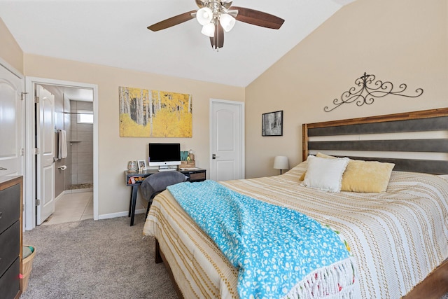 carpeted bedroom with ceiling fan and vaulted ceiling