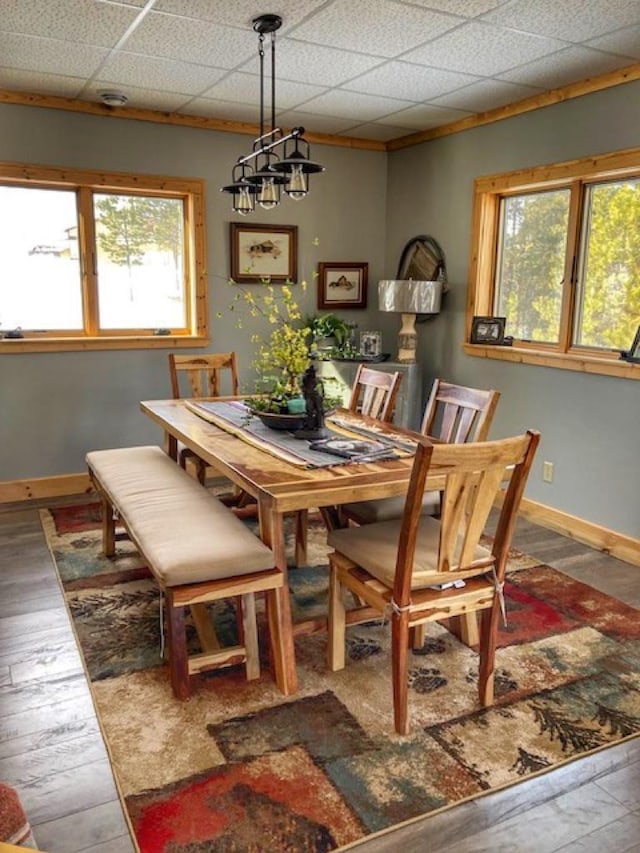 dining area with baseboards and wood finished floors