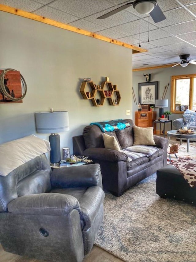 living room with ceiling fan and a drop ceiling