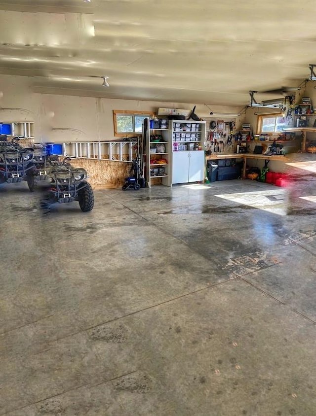 garage with a workshop area