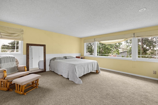 carpeted bedroom with a wainscoted wall and a textured ceiling