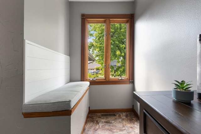 bathroom with baseboards, visible vents, and stone finish flooring