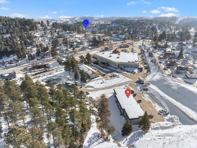 snowy aerial view with a mountain view