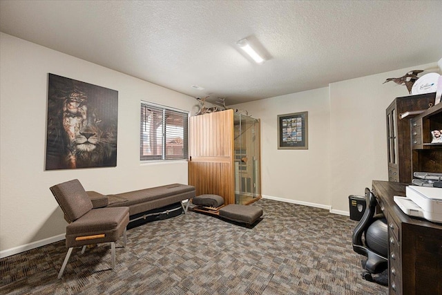 office space featuring dark colored carpet, a textured ceiling, and baseboards