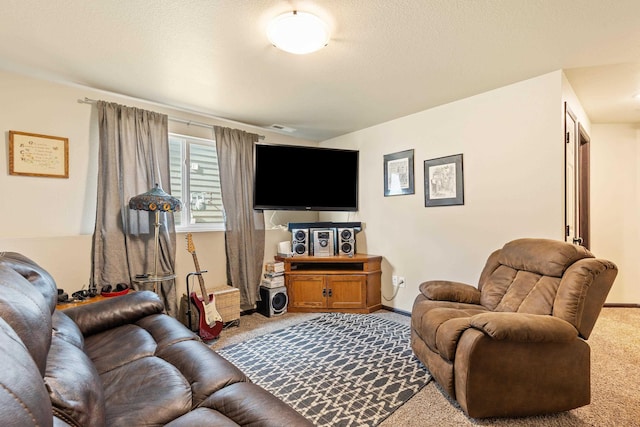 carpeted living area with visible vents, baseboards, and a textured ceiling