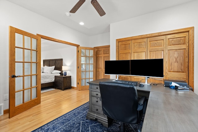 home office with recessed lighting, ceiling fan, wood finished floors, and french doors