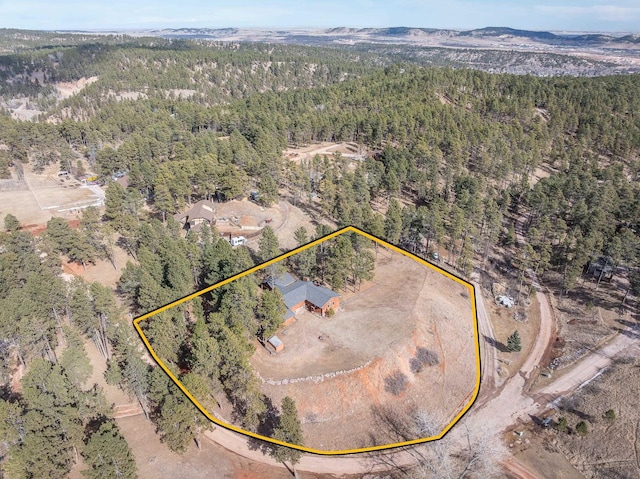 bird's eye view with a mountain view and a wooded view