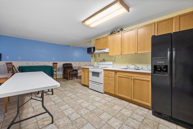 kitchen with white range with electric cooktop, black fridge with ice dispenser, light countertops, under cabinet range hood, and a sink