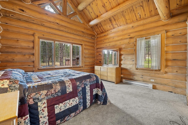 bedroom featuring beam ceiling, log walls, a baseboard heating unit, carpet flooring, and wooden ceiling