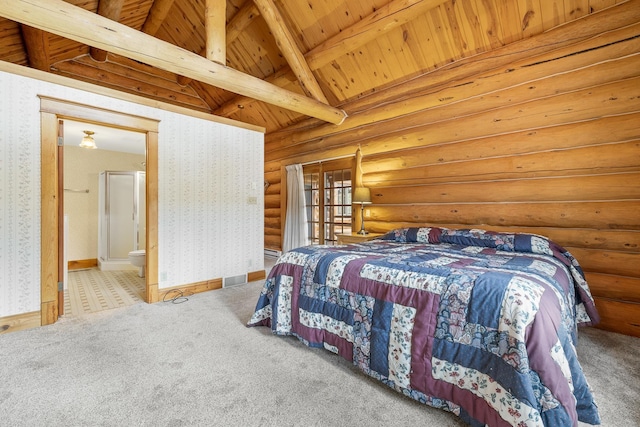 carpeted bedroom with vaulted ceiling with beams, rustic walls, wood ceiling, connected bathroom, and baseboards