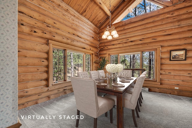 dining room featuring carpet flooring, high vaulted ceiling, a wealth of natural light, and wooden ceiling