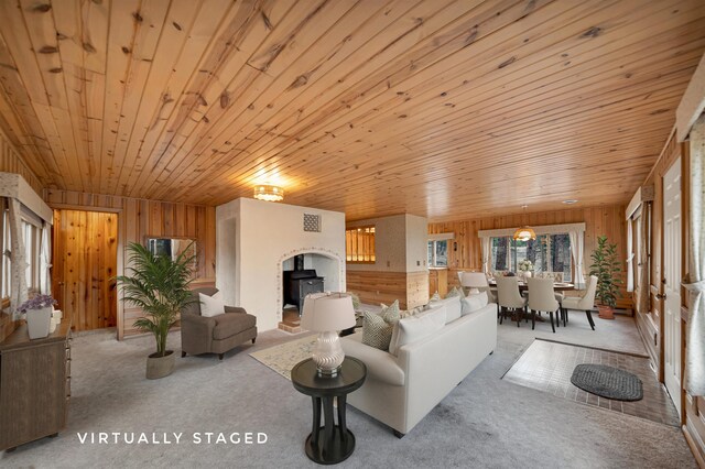 living room featuring carpet flooring, wooden walls, and wooden ceiling