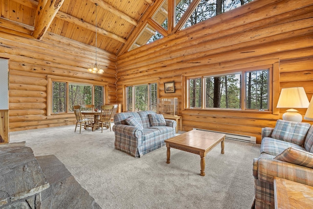 carpeted living room featuring plenty of natural light, wood ceiling, a baseboard radiator, and beam ceiling