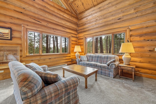 carpeted living area featuring log walls, high vaulted ceiling, baseboard heating, and a wealth of natural light