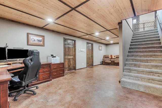 home office featuring finished concrete flooring, wooden ceiling, baseboards, and recessed lighting