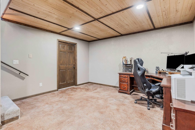 office with carpet floors, recessed lighting, wooden ceiling, and baseboards