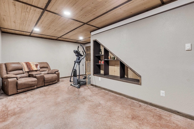 interior space with recessed lighting, wooden ceiling, and baseboards