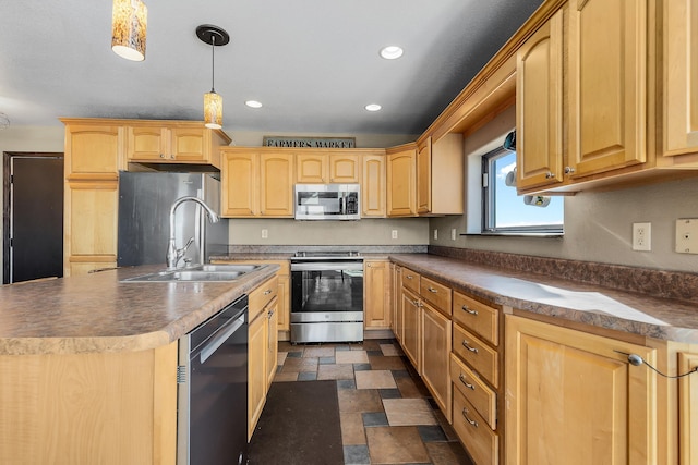 kitchen featuring stainless steel appliances, dark countertops, recessed lighting, light brown cabinets, and a sink