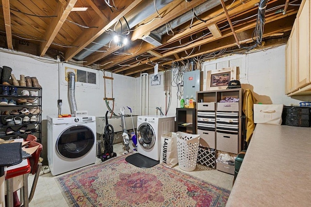washroom with laundry area, electric panel, light floors, and independent washer and dryer