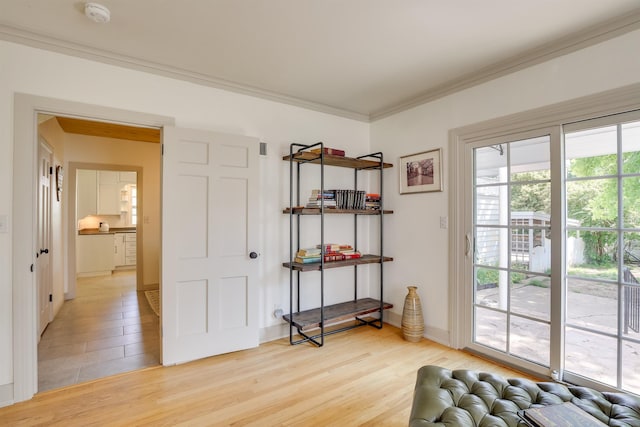 interior space with light wood-style floors and crown molding